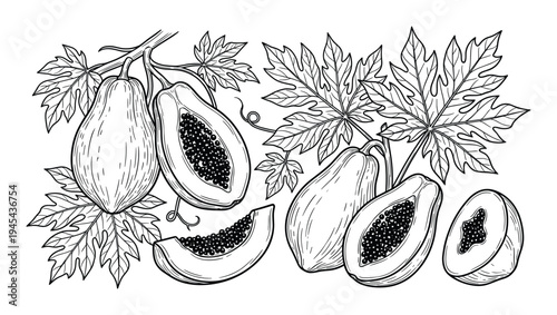 Papaya fruit collection with whole halves slices and leaves on transparent background engraving style