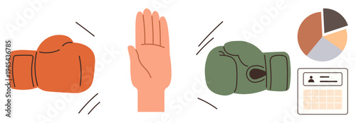 Conflict resolution, decision-making, teamwork, communication, strategy, negotiation. Orange and green boxing gloves, hand gesture pie chart and ID card. Conflict resolution and decision-making