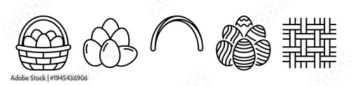 Set of black line art Easter icons featuring a woven basket with eggs, decorated eggs, a handle, and a wicker texture pattern for spring holiday graphic design