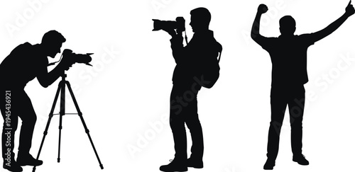 Black silhouettes of professional photographers with cameras and tripod, male photographer taking photos and celebrating isolated on white background, vector