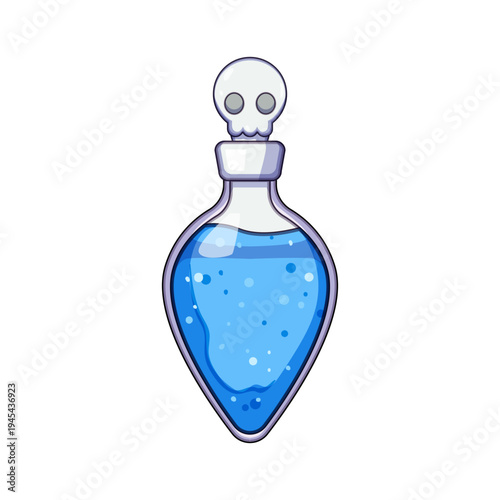 Blue liquid potion bottle featuring a skull shaped stopper, ideal for themes of poison, magic, fantasy, games, halloween, danger, and toxic substances