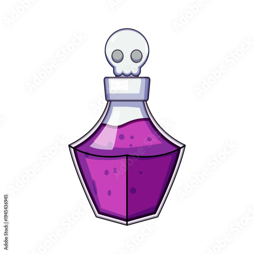 Purple liquid bubbling inside a cartoon style glass bottle, featuring a skull head stopper, representing danger, magic, fantasy, and halloween themes for various projects