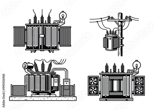 Electric power transformer icons set including pole mounted and substation equipment line art
