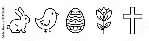 Set of black Easter line icons featuring a bunny, chick, decorated egg, spring flower, and cross in a minimalist, clean, and simple graphic style for holiday celebrations