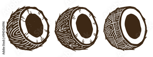 Coconut halves with ethnic tribal patterns and textures set isolated on transparent background vector