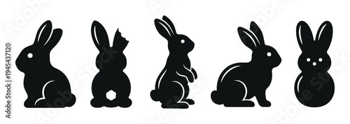 Set of five black rabbit silhouettes in various poses for Easter, including a chocolate bunny with a bite mark and a marshmallow treat in a minimalist graphic icon collection