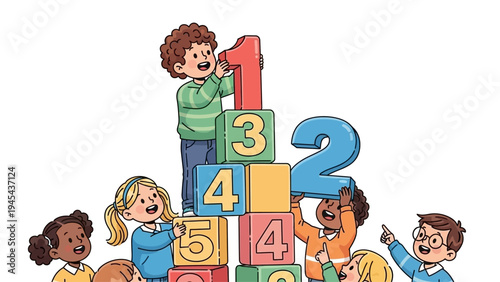 Children Building Tower with Numbered Blocks.