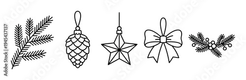 Set of black line art Christmas decorations including a fir branch, pinecone, star ornament, bow, and berry sprig in a simple minimalist doodle style for festive holiday design