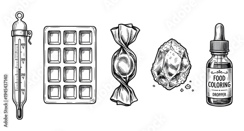 Set of candy making equipment including a thermometer, mold, wrapped candy, rock sugar, and food coloring in a vintage hand-drawn sketch style
