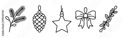 Set of black line art Christmas icons featuring a fir branch, pinecone, star, bow, and holly in a minimalist hand-drawn doodle style for festive seasonal holiday decoration