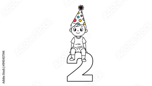 Child Wearing Party Hat Standing on Number Two.