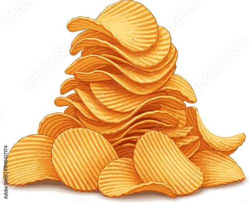 Isolated a realistic Pile of golden rippled potato chips crispy snack food for party and picnic vector art with white background..