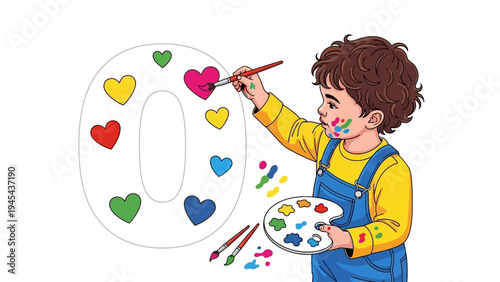 Child Painting Colored Hearts on Number Eight.
