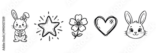 Set of hand-drawn doodle icons featuring cute Easter bunnies, a sparkling star, a simple flower, and a heart symbol in a black and white line art sketch style illustration collection