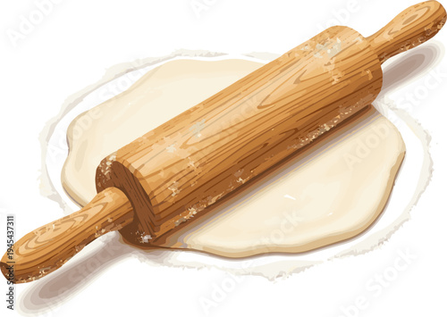 Isolated a realistic wooden rolling pin on flattened dough for baking homemade food preparation tools vector art with white background.