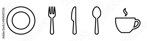 Minimalist black line icon set of dining utensils including a plate, fork, knife, spoon, and a steaming hot beverage cup, representing food, restaurant, and cafe concepts