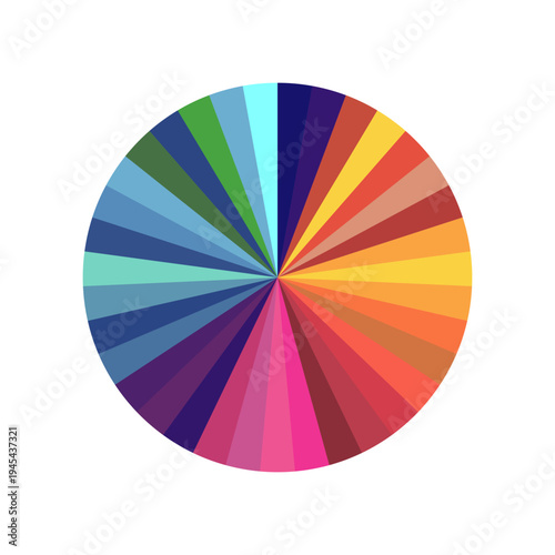 Circular graphic displaying numerous wedges forming a full color spectrum, presenting an abstract pattern of diversity, unity, and dynamic progress from a central point