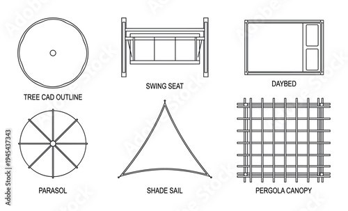 Various outdoor furniture and shading elements like tree outlines, swing seats, daybeds, and pergolas