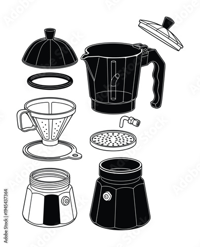 Exploded view of a Moka pot coffee maker with all parts separated for assembly