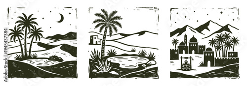 Set of desert landscapes with palms, sand dunes, and oases, illustrating middle eastern culture