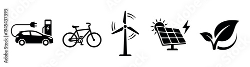 Set of black sustainable energy icons featuring an electric car, bicycle, wind turbine, solar panel, and leaf, symbolizing green transportation and ecological conservation concepts