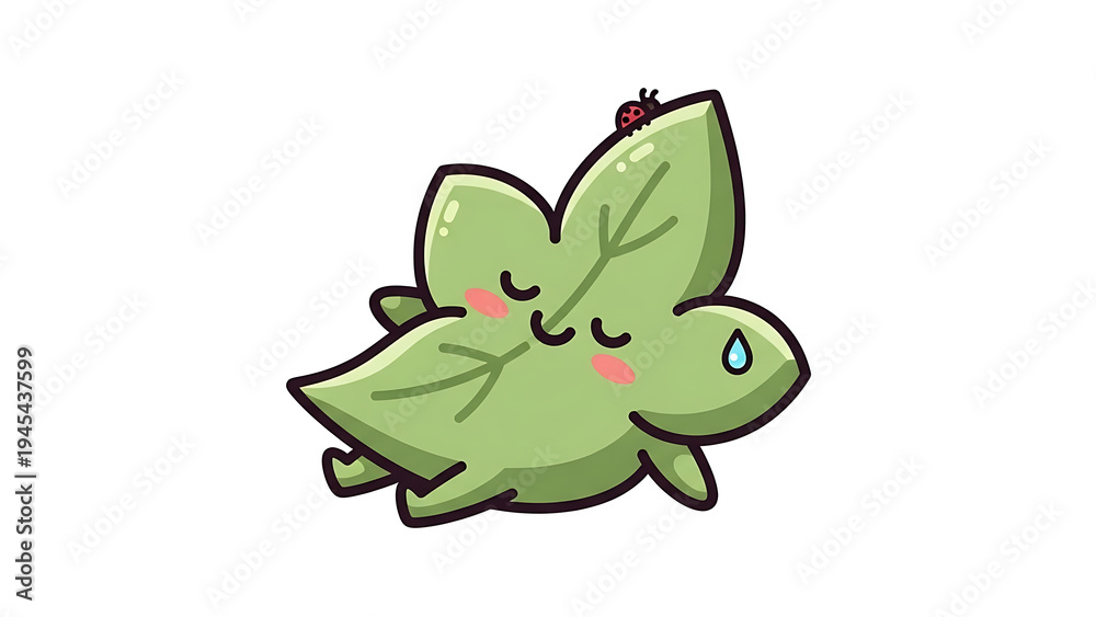Fototapeta premium Cute green leaf character illustration with ladybug