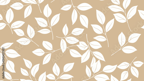 White Leaves Pattern on Beige Background.