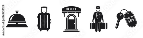Set of black hotel service icons including a reception bell, luggage, entrance, bellboy, and room key, presented as a minimalist vector illustration collection for travel concepts
