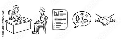 Set of hand-drawn job interview icons showing the recruitment process, including a candidate meeting, resume, questions, and a final handshake agreement in a simple sketch style