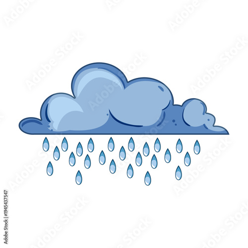 Cartoon depiction of a blue grey cloud raining multiple teardrop shaped raindrops, illustrating weather conditions, precipitation, and the concept of a gloomy forecast or water cycle