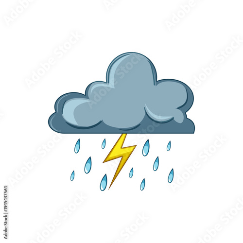 Grey comic cloud creating rain with falling lightning bolt, representing bad weather and illustrating natural elements for meteorological concepts and icons on a white background