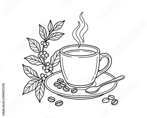Hot coffee cup on saucer with spoon, surrounded by coffee plant branch and roasted beans, line art