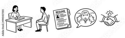 Set of black line art icons showing the job recruitment process, including an interview, resume, communication, and a successful handshake agreement in a simple doodle style