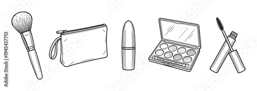 Set of black and white makeup items including a brush, pouch, lipstick, eyeshadow, and mascara in a hand-drawn line art style illustration for beauty concepts