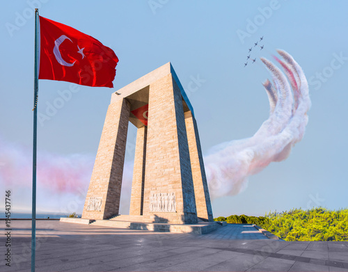 Air Force aerobatic team performing demonstration flight over Canakkale Martyrs' Memorial against to Dardanelles Strait -  Çanakkale, Turkey