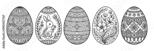 Five decorated Easter eggs with intricate patterns featuring a bunny, flowers, and geometric folk art designs in a black and white line art coloring book style