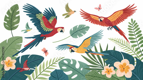 Vibrant exotic rainforest birds vector collection flying in lush tropical jungle with colorful flowers and leaves