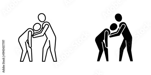 Two people wrestling in black and white vector illustration, flat design