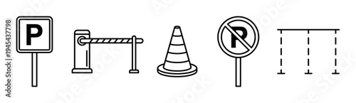 Set of black and white parking icons including a traffic sign, barrier gate, safety cone, no parking symbol, and parking space lines in a simple minimalist line art style