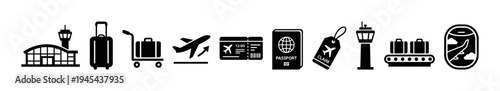 Collection of black silhouette travel icons representing various airport elements like luggage, passport, boarding pass, airplane flight, and terminal building for transportation design