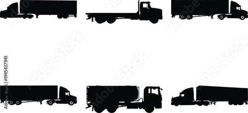 Set of various truck silhouettes: semi-trucks with trailers, flatbed trucks, and a tanker truck, symbolizing freight and commercial road transport.