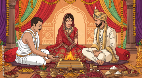 Traditional indian wedding ritual ceremony with bride groom and priest under decorated mandap vector illustration