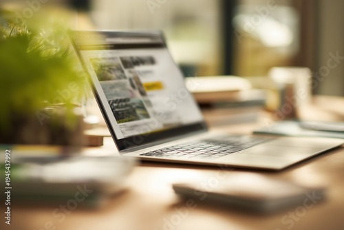 Open laptop displaying web page on wooden desk in bright room