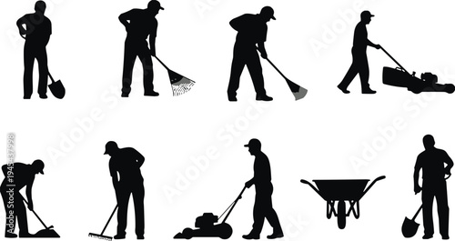 Gardener silhouette set, man mowing lawn with mower, person raking leaves, landscaping worker with shovel and wheelbarrow, backyard maintenance vector graphics.