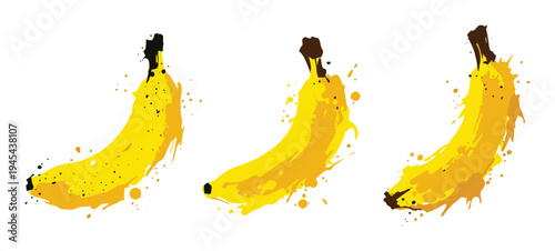 Set of abstract banana fruit illustrations with artistic paint splatters