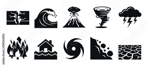 Collection of ten black natural disaster icons including a volcano, tornado, tsunami, and earthquake presented as a set of simple, minimalist glyphs and weather symbols