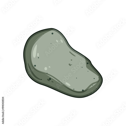 Rounded river stone illustration on white background, smooth grey green pebble in cartoon style conveying tranquility, balance, nature and minimal design element