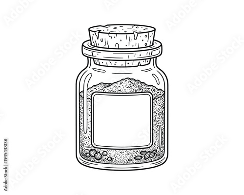 Glass jar with cork stopper containing herbal powder and seeds vector element