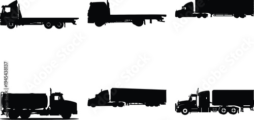 Collection of diverse truck silhouettes including flatbeds, semi-trucks, and tanker trucks, representing logistics and transportation industries.