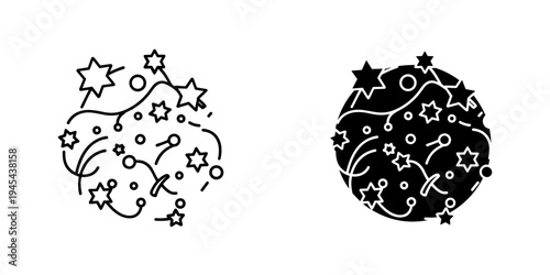 Black and white starry night vector illustration with two celestial designs, flat design